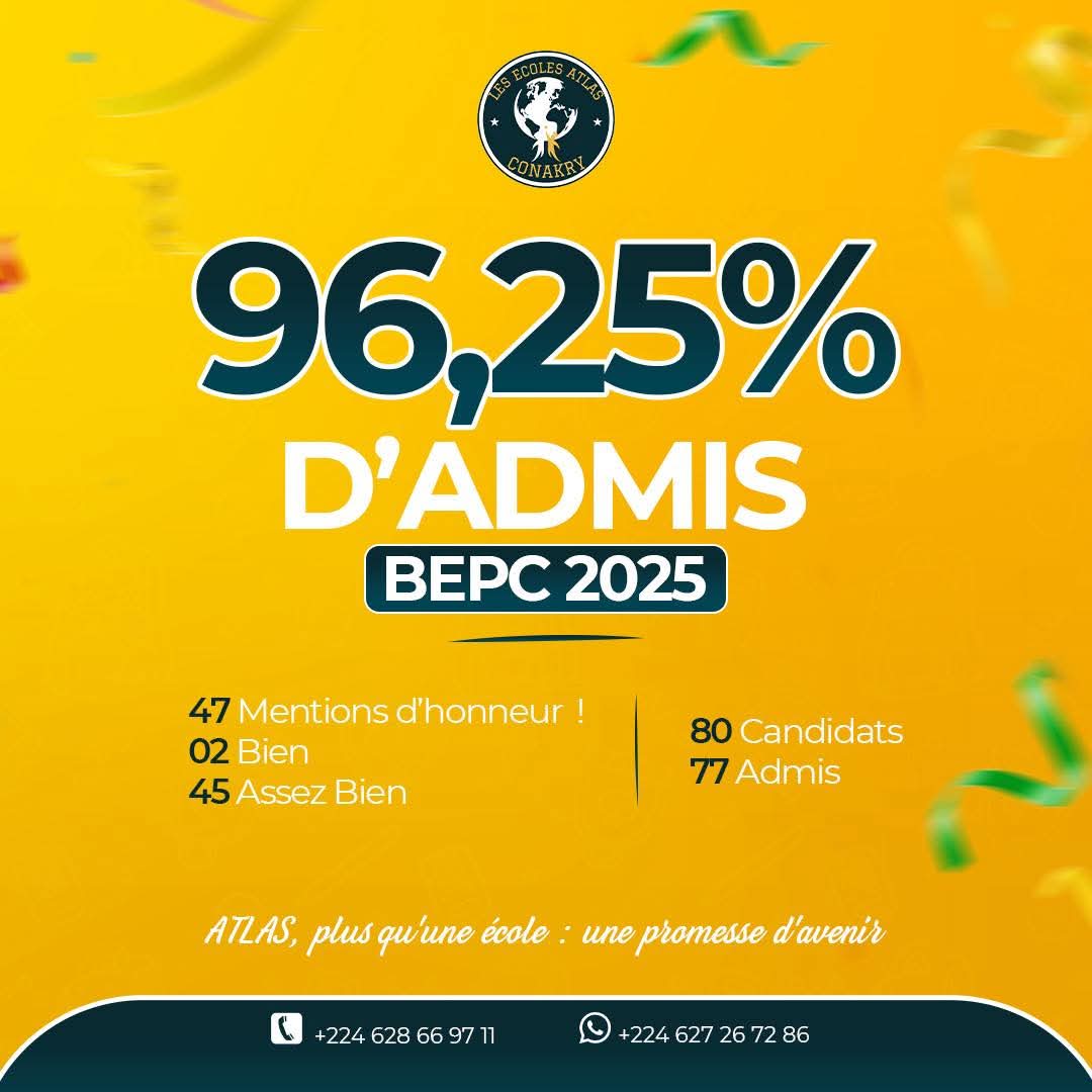 RÉSULTATS OFFICIELS - BREVET D’ETUDES DU PREMIER CYCLE 2025  ÉCOLES ATLAS : L’EXCELLENCE VALIDÉE PAR LES CHIFFRES ! 